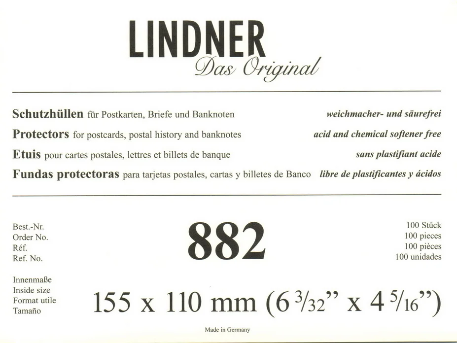 Lindner "882" luxe beschermhoezen voor o.a. moderne ansichtkaarten "110 x 155 mm" 50 stuks