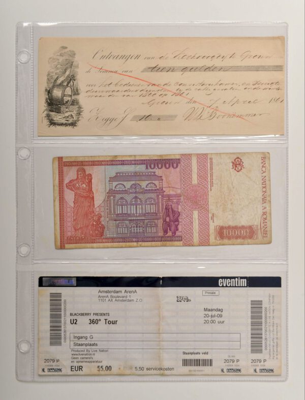 Din A4 set van 10 stuks  transparante bladen 3 vakken (vakmaat 92 x 212 mm) voor o.a. bankbiljetten en tickets