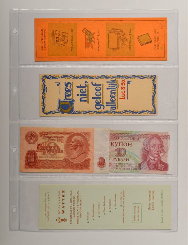 Din A4 set van 10 stuks transparante bladen 4 vakken horizontaal( vakmaat 215 x 65 mm) voor o.a. bankbiljetten, entreekaartjes en boekenleggers