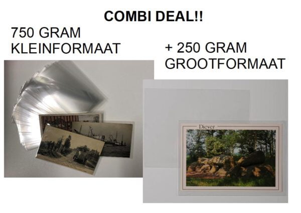 Combi deal  PP beschermhoezen, 750 gram kleinformaat 97 x 147 mm en 250 gram grootformaat 113 x 157 mm voor ansichtkaarten