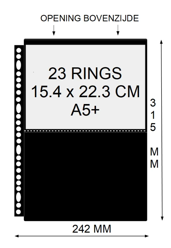 PP blad 2 vakken zwart 23 rings Din large set van 10 stuks voor A5 documenten en foto's