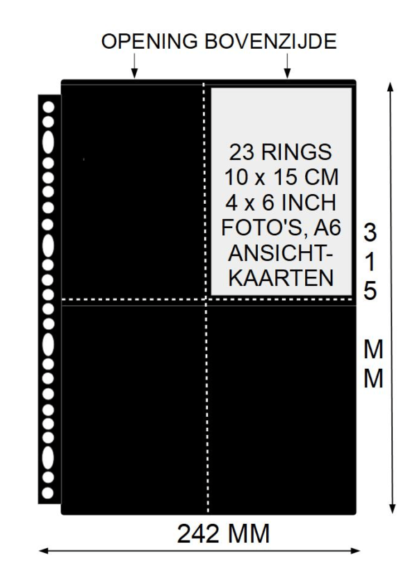 PP blad 4 vakken  zwart  23 rings Din large set van 10 stuks voor o.a. ansichtkaarten en foto's