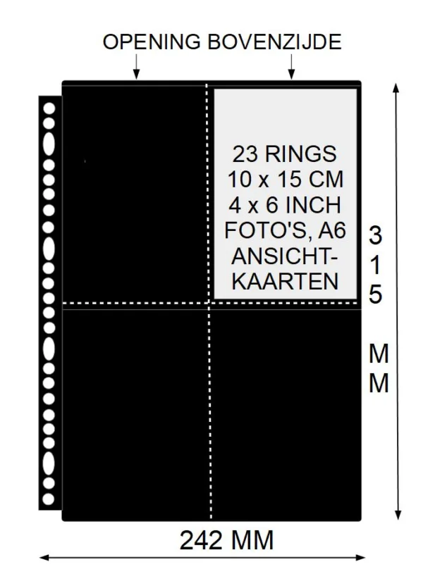 PP blad 4 vakken  zwart  23 rings Din large set van 10 stuks voor o.a. ansichtkaarten en foto's