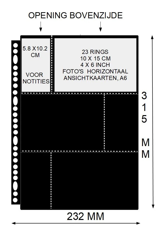 PP blad 6 vakken ongelijk verdeeld zwart  23 rings Din large set van 10 stuks voor o.a. ansichtkaarten en foto's 10 x 15 cm